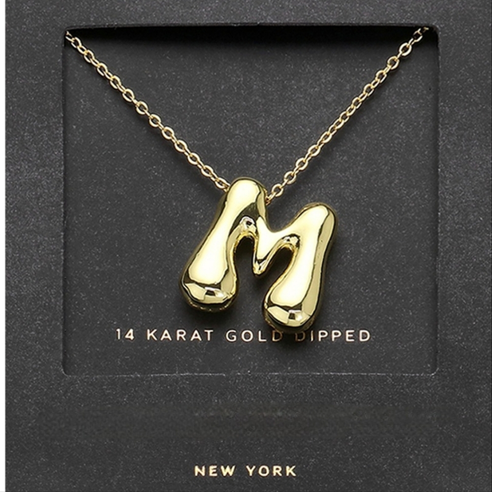 Gold "M" Bubble Monogram Pendant Chain Necklace Initial Charm 3D Casual